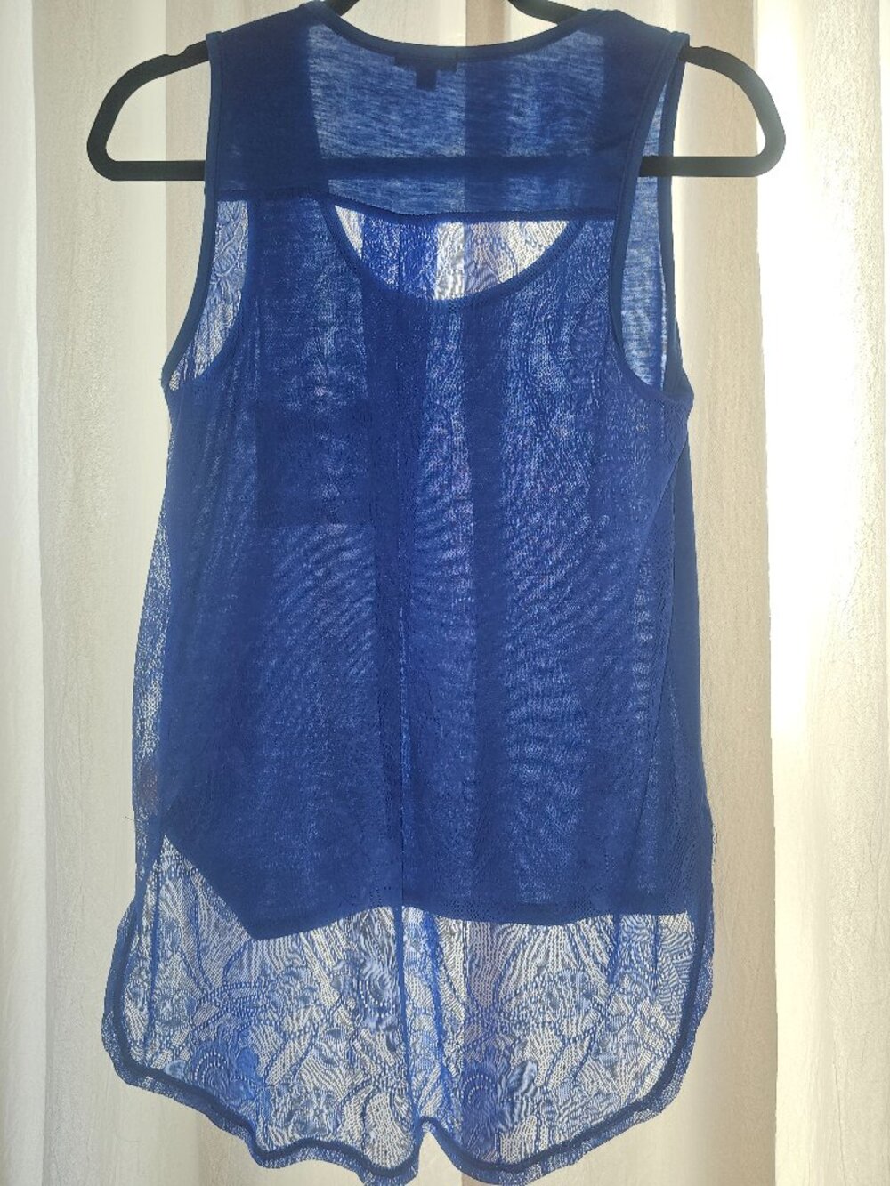 Lily White Blue Lace Back High Low Tank Top Sheer Pocket M